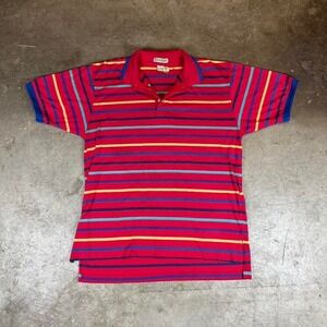 Vintage Steeplechase Mens XL Striped‎ Polo Shirt Red Blue Yellow Short Sleeve